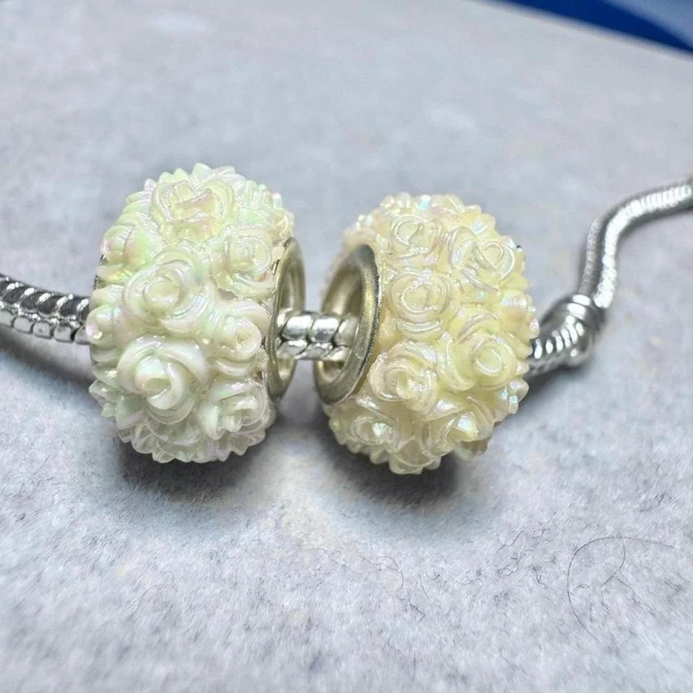 2Pcs Iridescent Yellow Rose Flower Beads Charm fits PANDORA